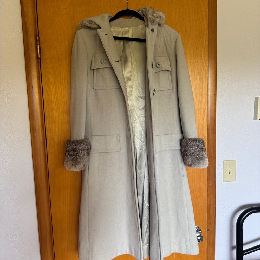 Women's Light Gray Wool Coat with Rabbit Fur Trim